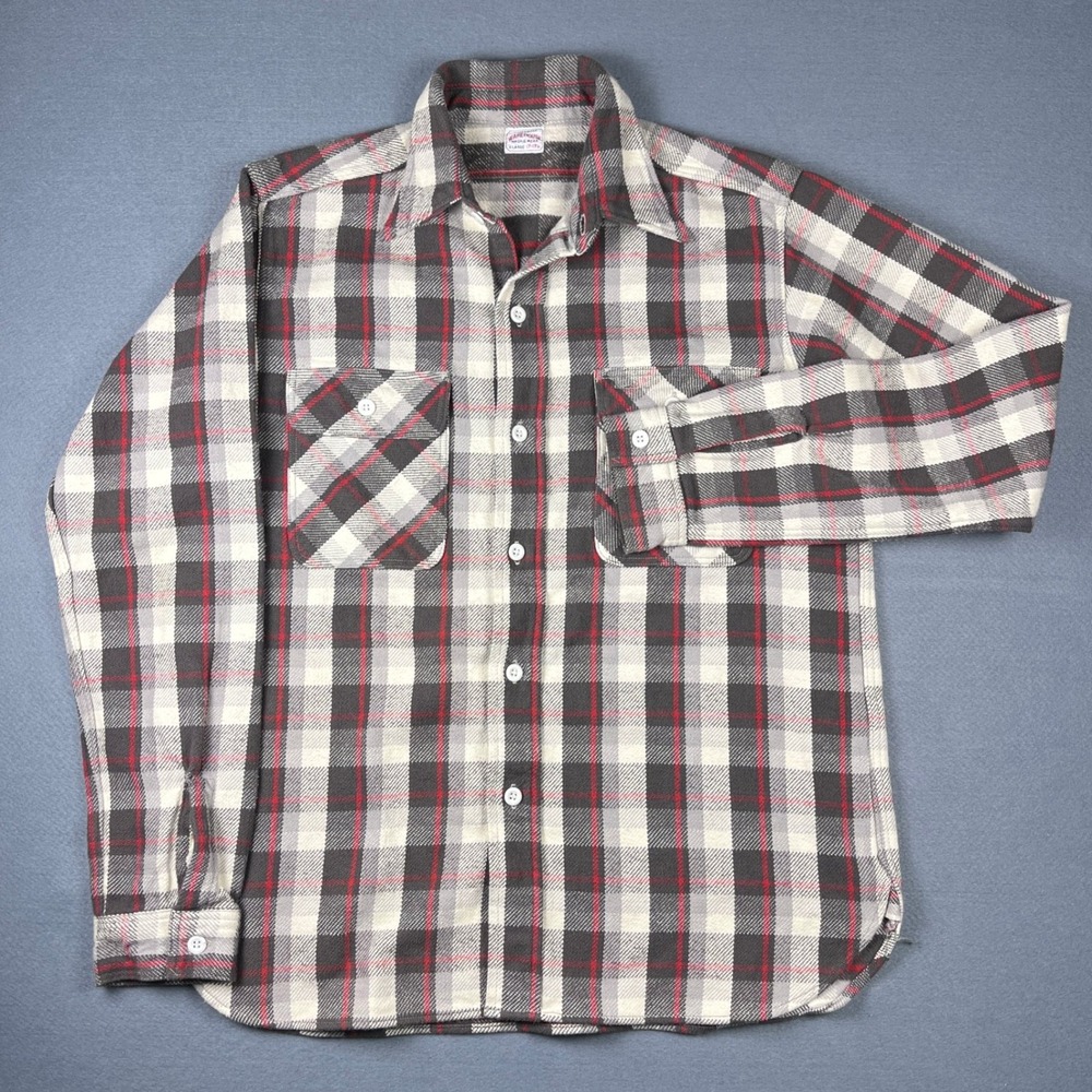 Vintage Warehouse & Co Plaid Flannel Shirt Mens XL Grey Red Sanforized Button Up